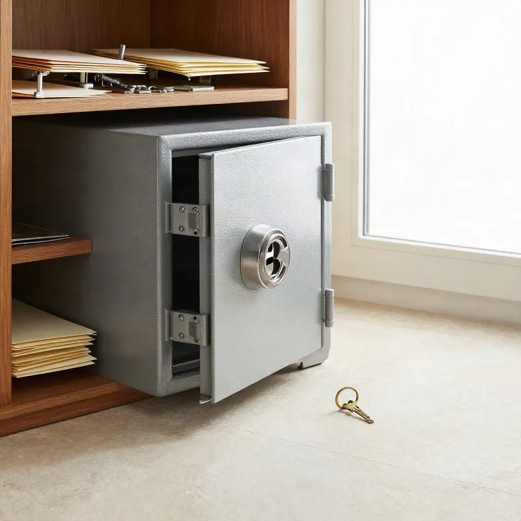 Fireproof floor safe and lockbox with key ring and latch hardware in rain-washed morning light.