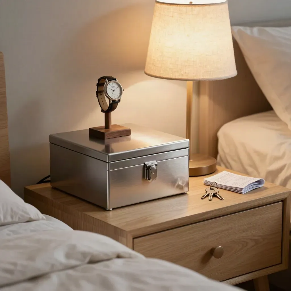 Steel nightstand lockbox with lamp, watch stand, receipt stack, and keys on a bedside table.