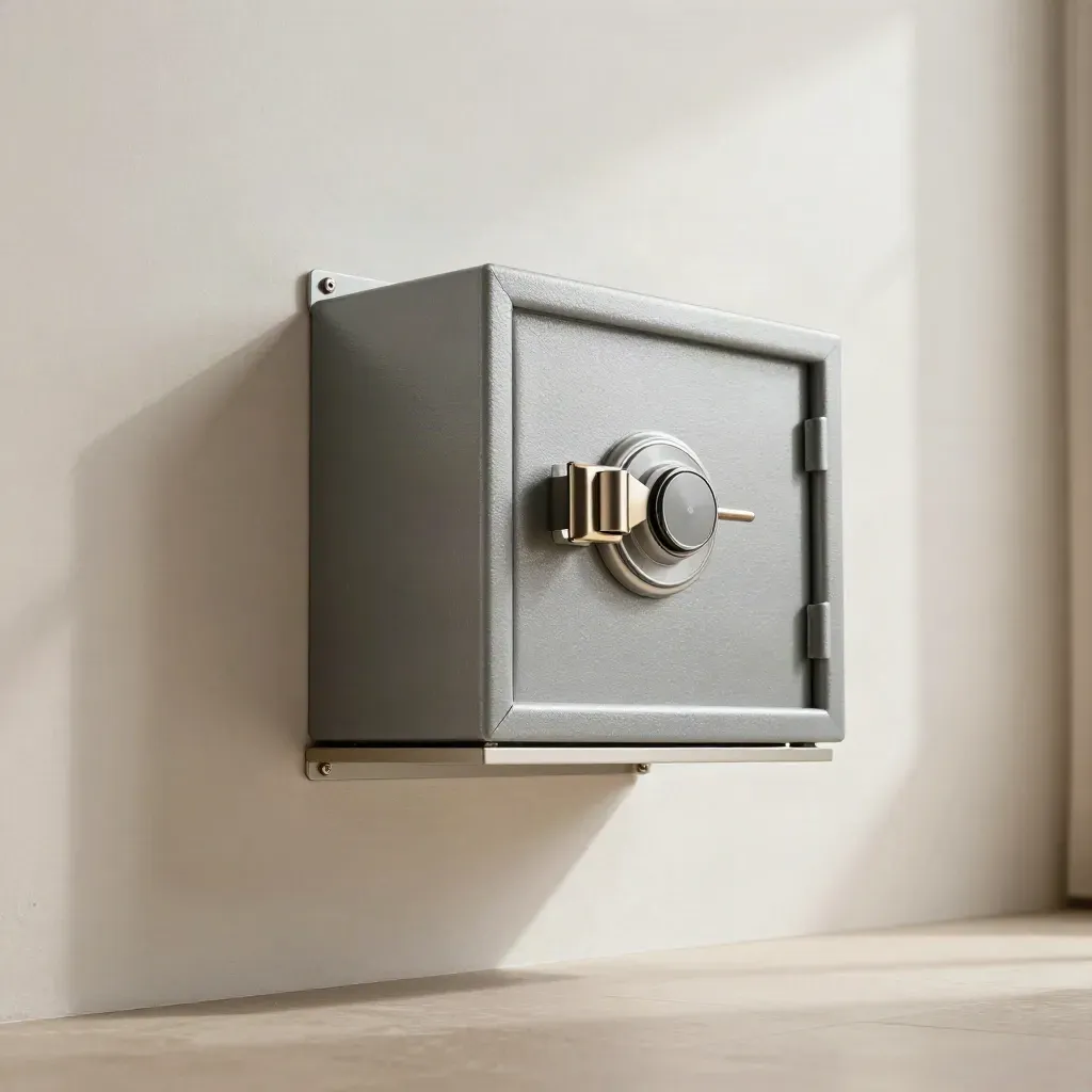 Compact wall safe bracket mounted to a plaster wall beside anchor hardware and a shelf edge.