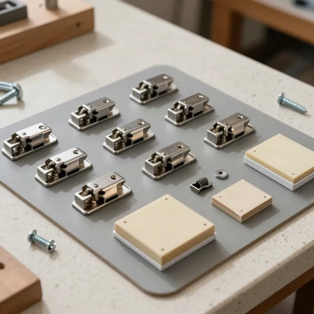 Overhead cabinet latch pack with screws and drawer-front samples on a travertine workbench.