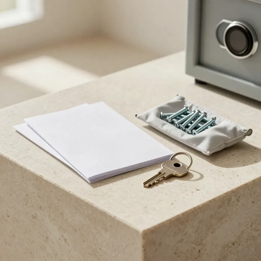 Setup guide sleeves, spare screws, key ring, and compact safe on pale stone in soft daylight