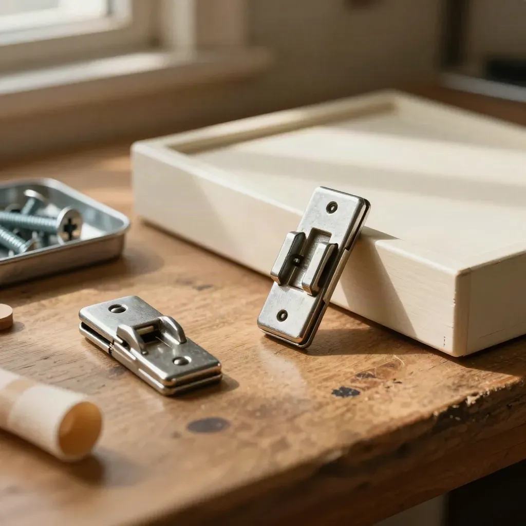 Spare latch sets, screws, and worn cabinet hardware beside a pale drawer front on a workbench.