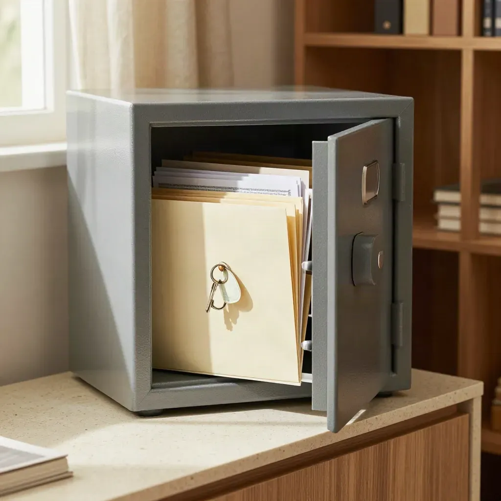 Partly open fireproof file safe with folders, cash envelope, and keys in a warm home office