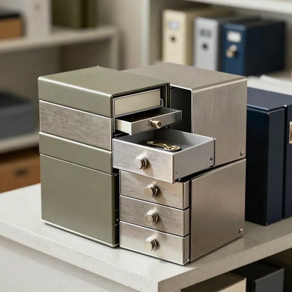 Stacked keyed lockboxes with one open box showing keys and blank inserts on a shelf.