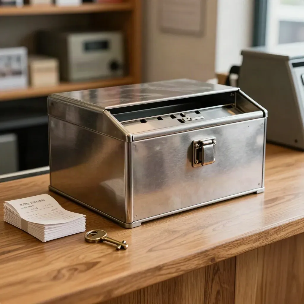 Cash box with coin tray, receipt stack and key on a shop counter at closing time.
