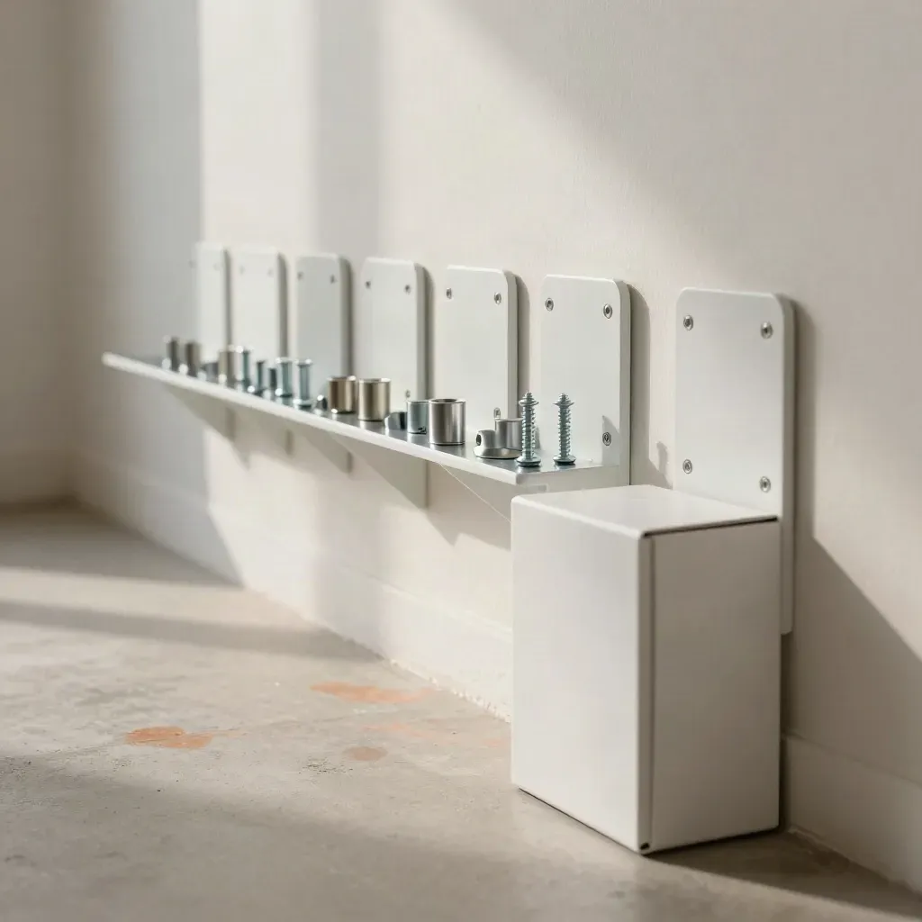 Wall mount kit hardware and a compact storage box lined up beside a plaster wall