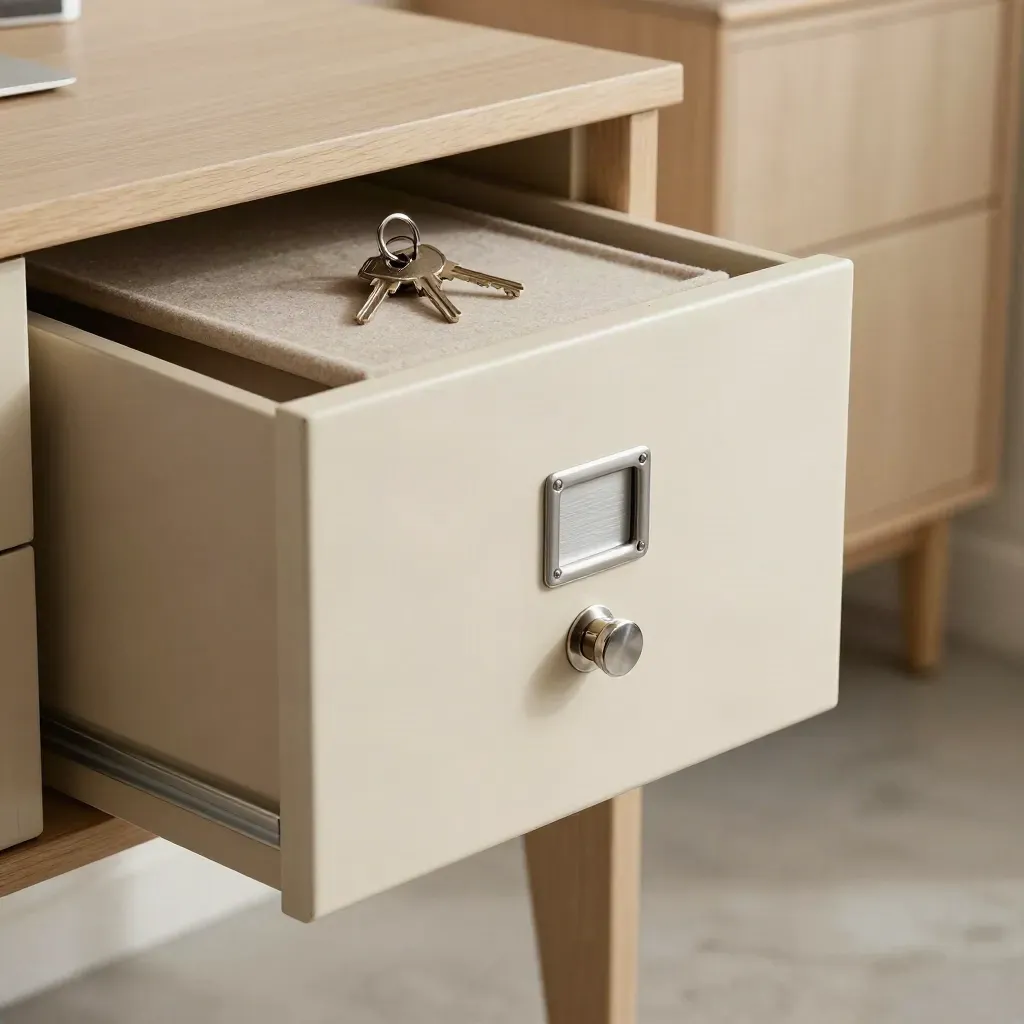 Drawer lock hardware and keys beside a closed office supply drawer in dramatic low light.