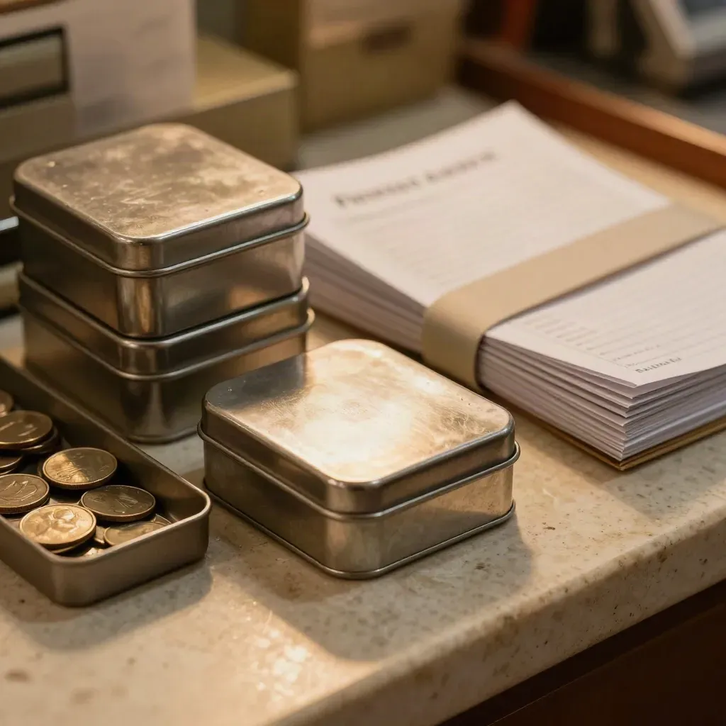 Brushed cash tins stacked with coins, receipts, and a closed ledger on a pale counter.
