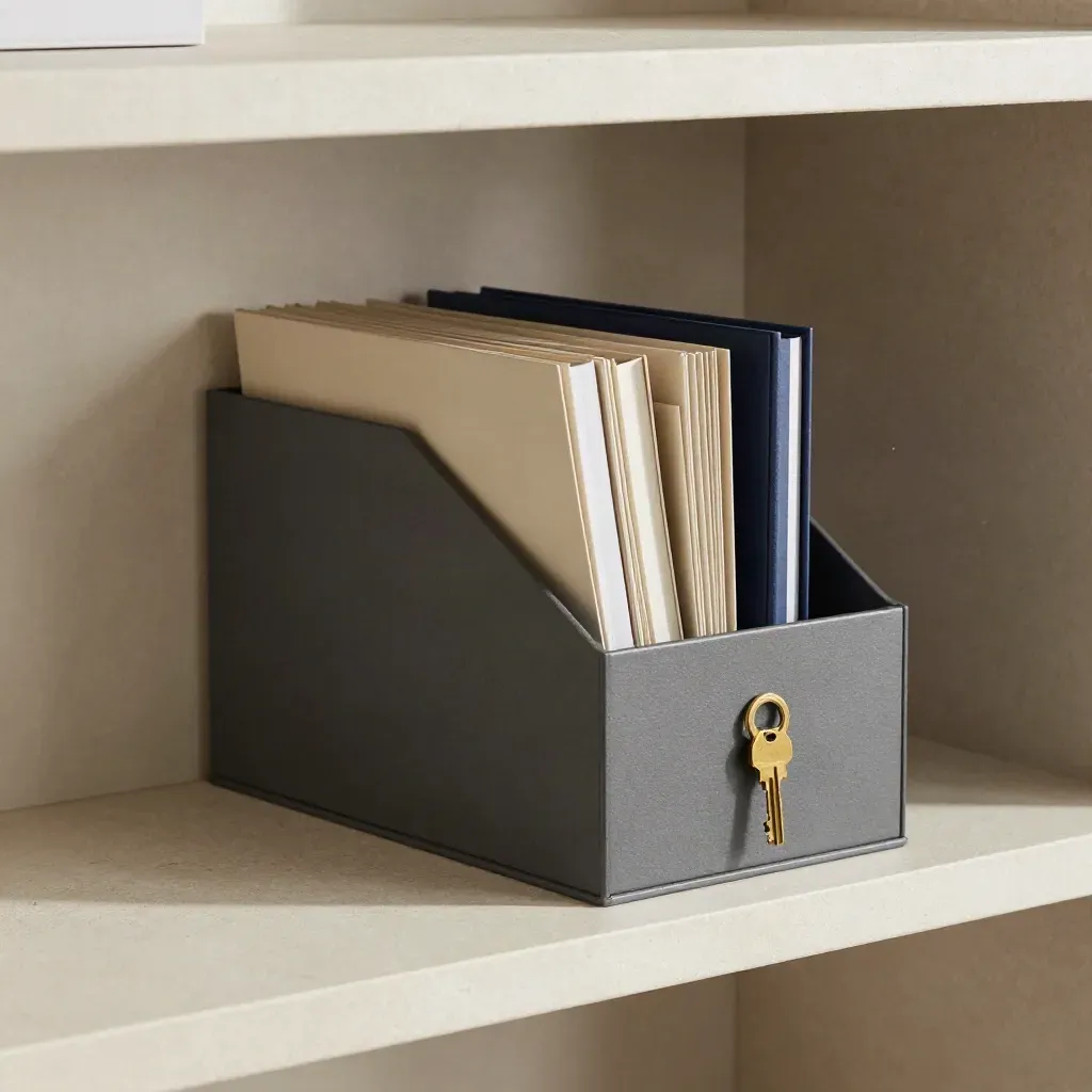 Stone shelf with a navy office box, turned folders, and a brass key tag in soft daylight.