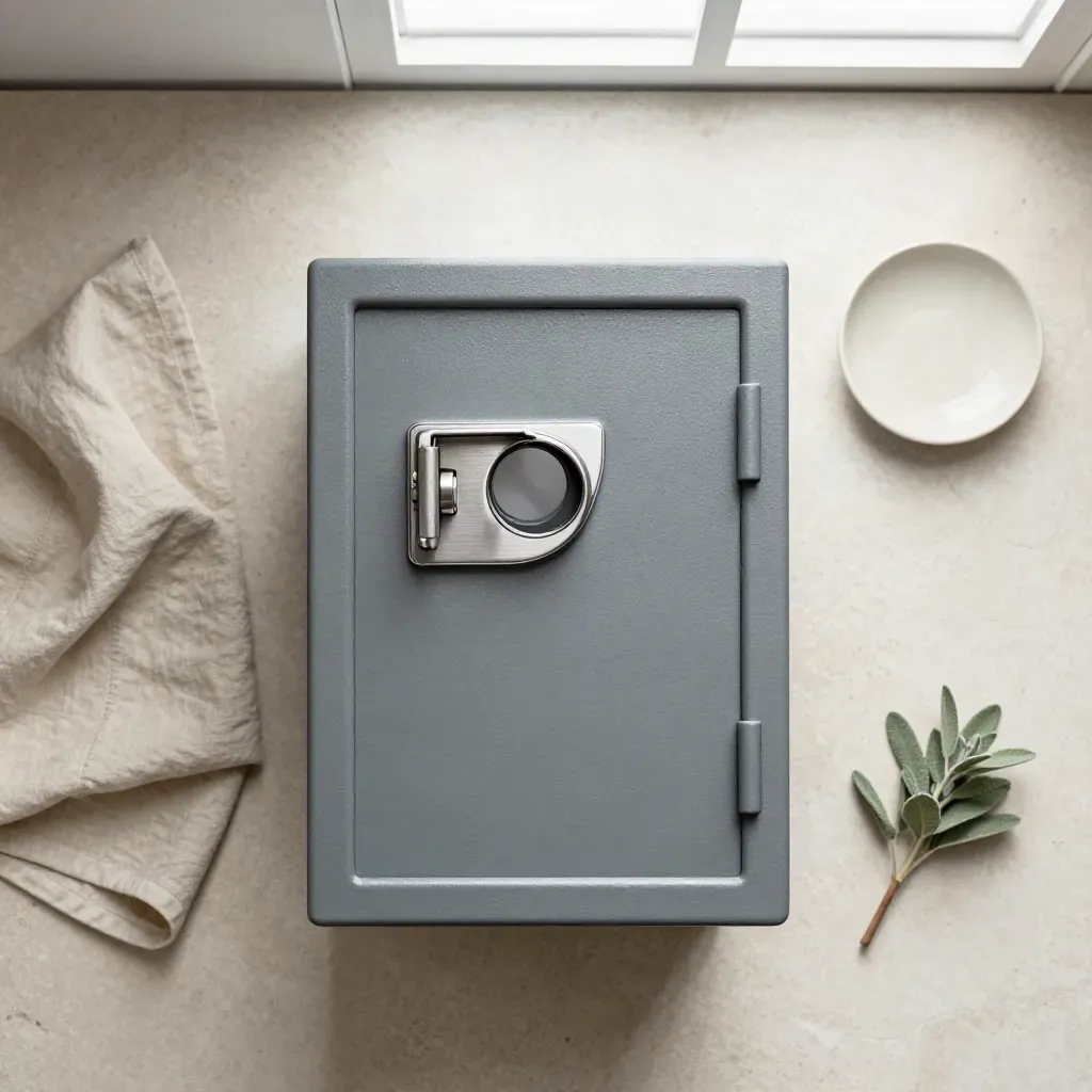 Overhead flatlay of a compact fireproof safe with linen, dish, and tiny plant on pale stone.