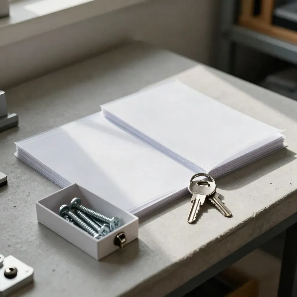Folded setup cards, screws, key ring and latch parts on a pale concrete worktable.