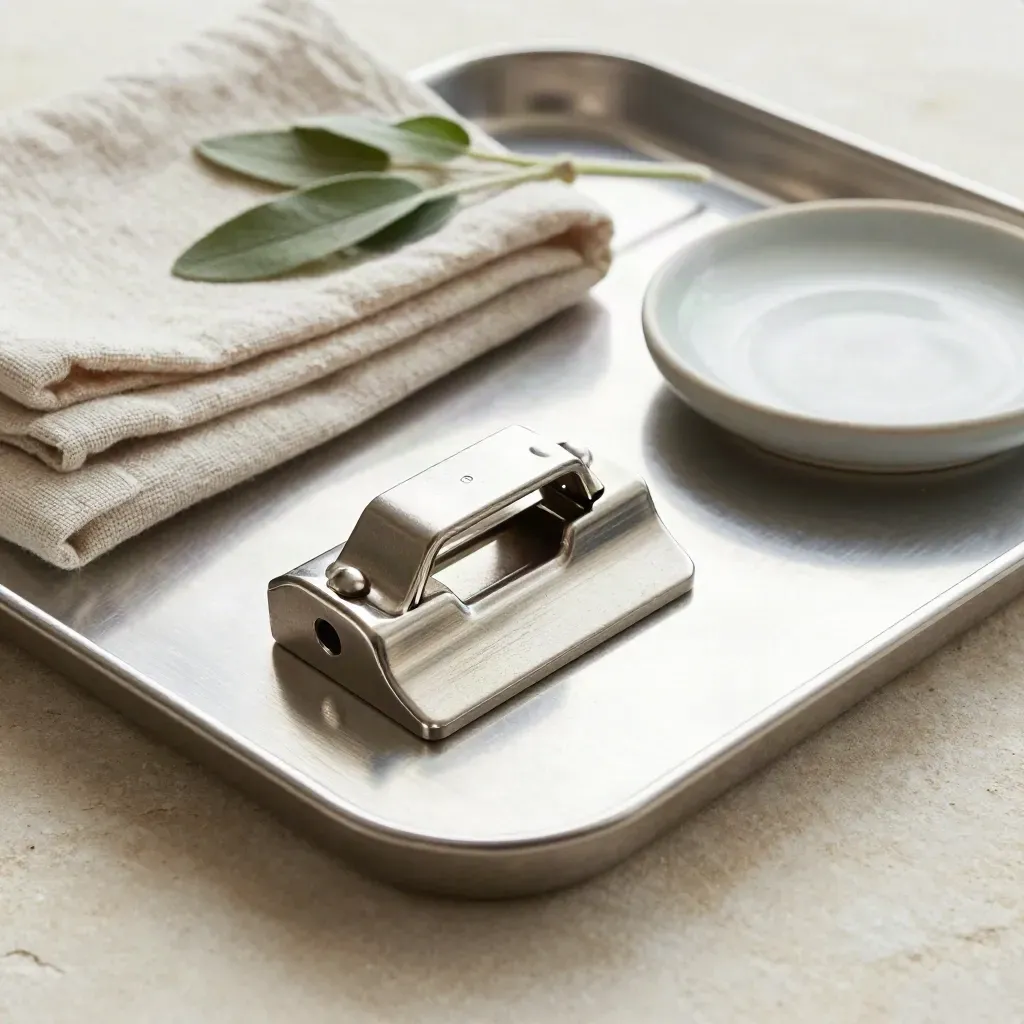 Cabinet latch and catch on a brushed tray with cloth, dish, and leaf sprig.