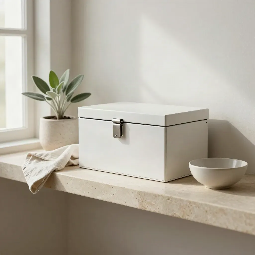 White wall storage box on a plaster ledge with linen, plant, and ceramic bowl.
