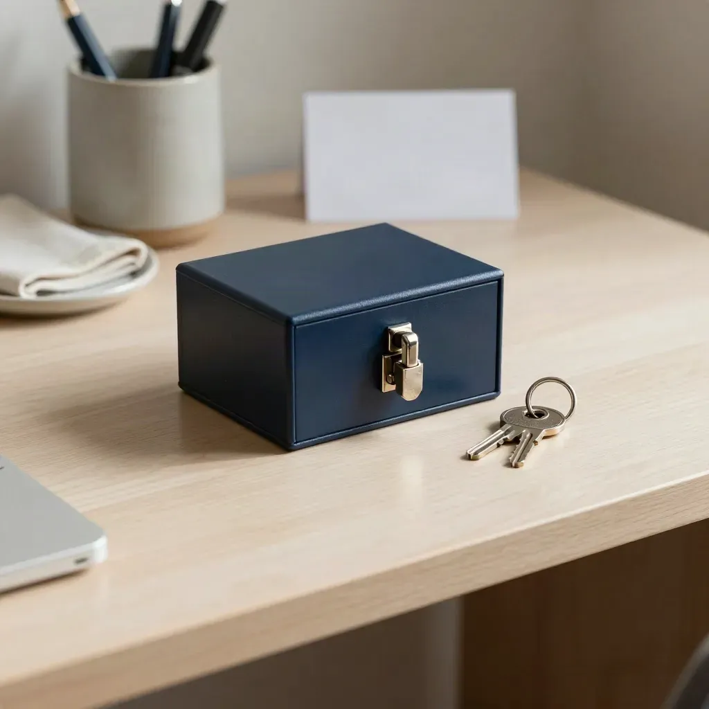 Navy office lockbox with key ring, cloth, pen cup and tray on a pale wood desk