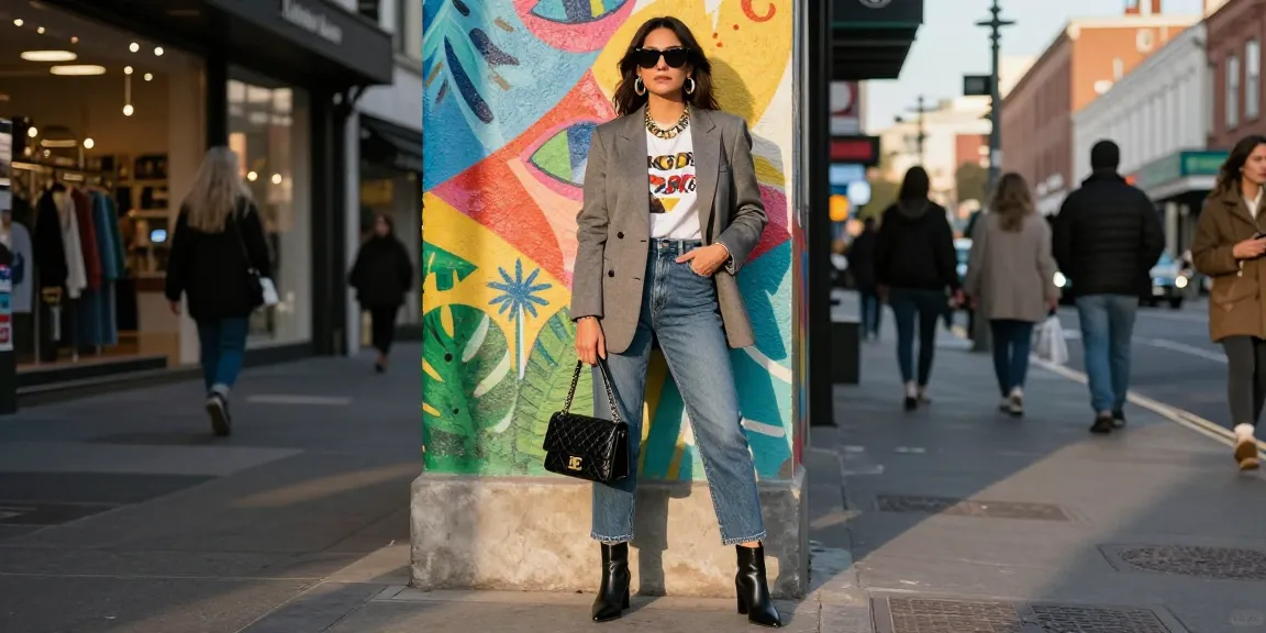 Chic women's fashion outfit featuring a tailored blazer, high-waisted jeans, and stylish accessories in an urban setting.