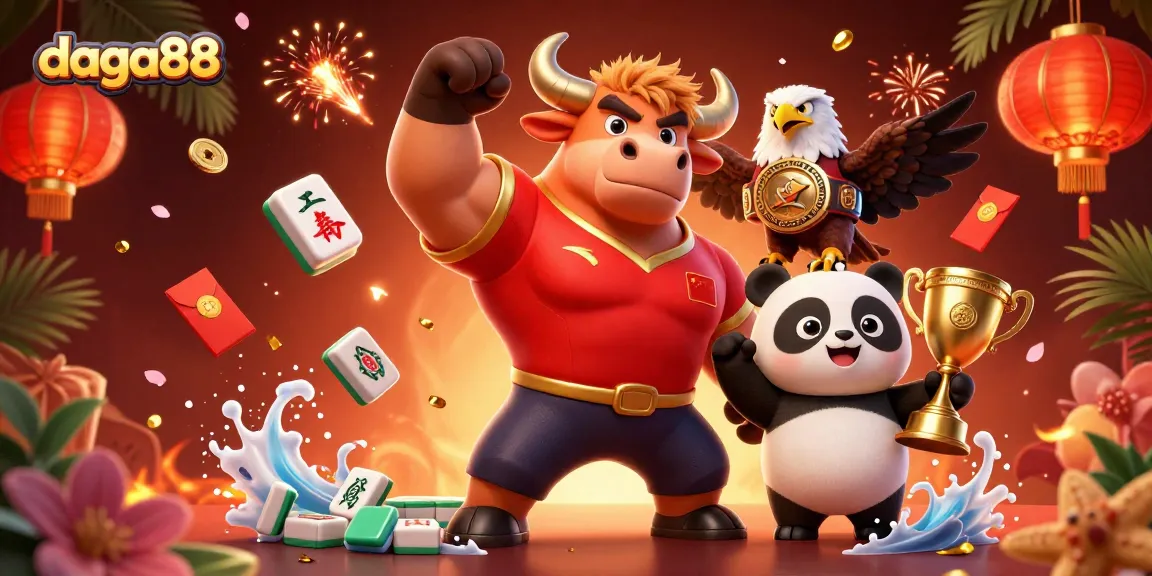 Dive into the vibrant world of daga88 as the bull mascot celebrates victory with a trophy and an eagle, amidst a sea of casino excitement.