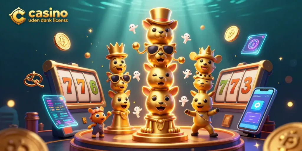 Play exciting games at casino uden dansk licens with vibrant 3D illustration of a golden totem and slot elements.