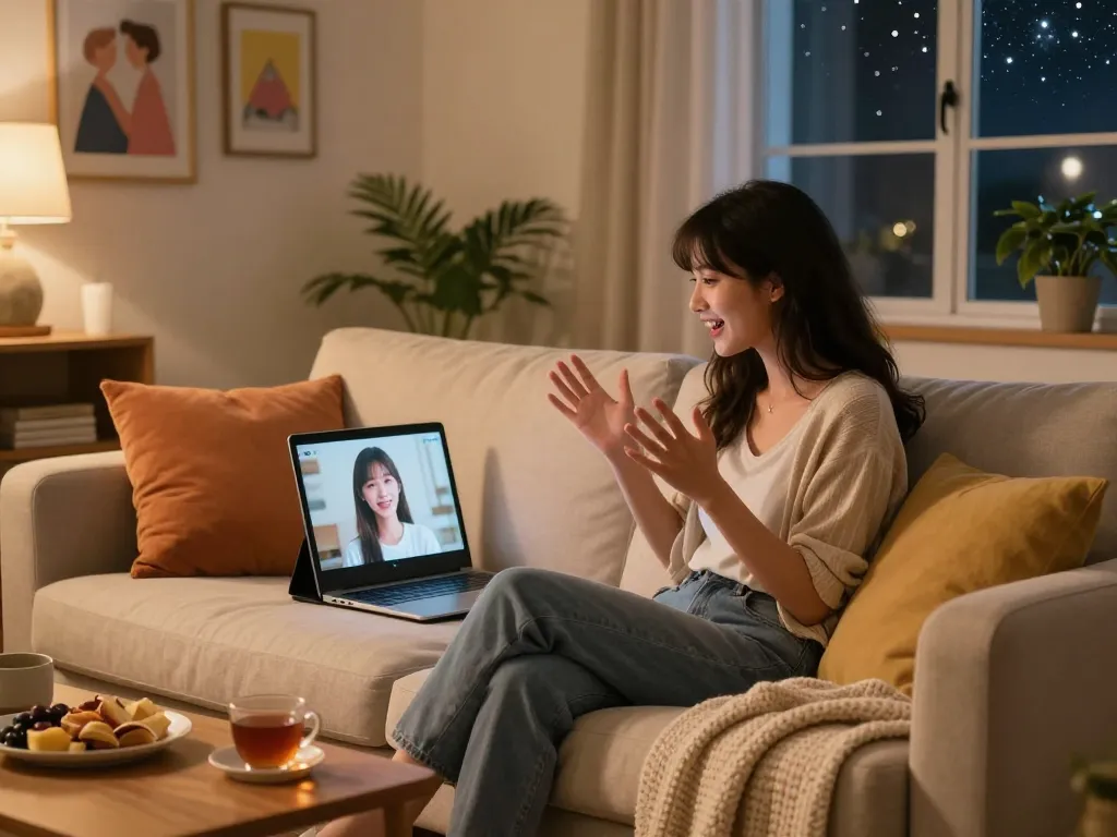 A young woman chatting with her AI girlfriend in a cozy living room.