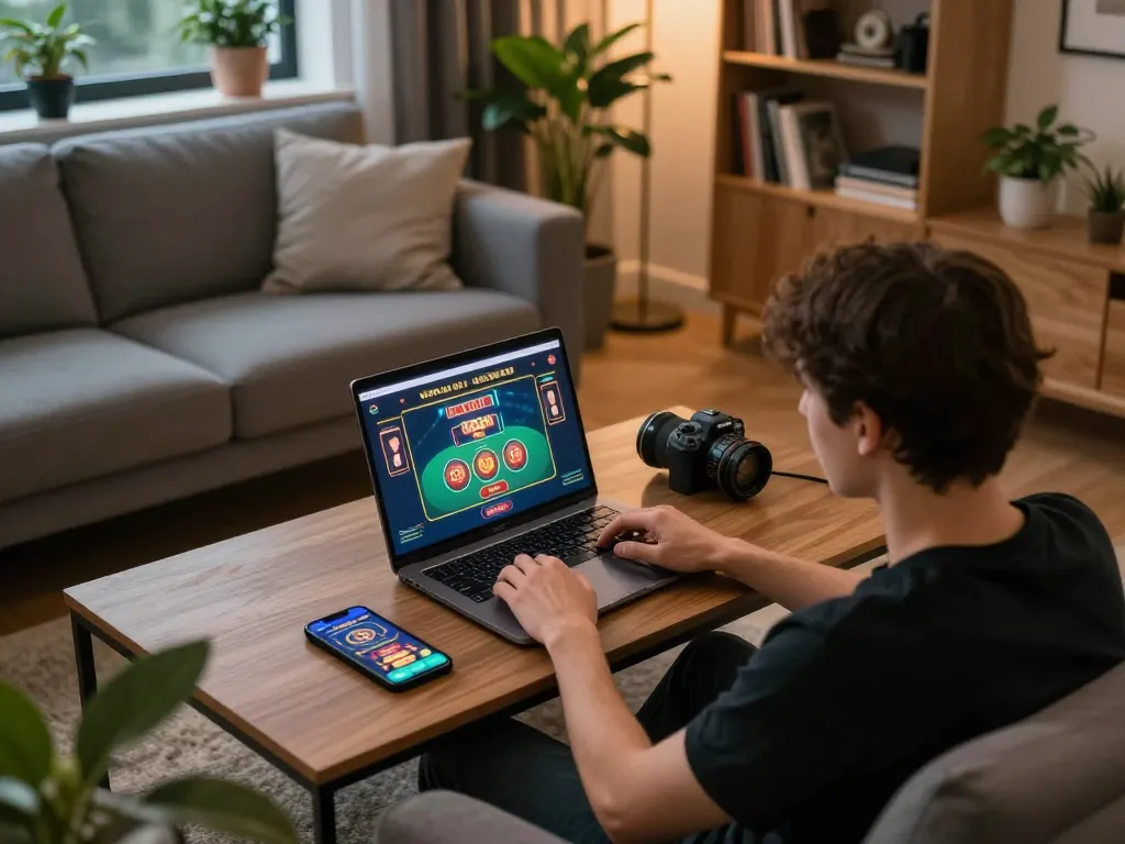 Player enjoying a live dealer game on sam86, engaging in a dynamic online casino experience at home.
