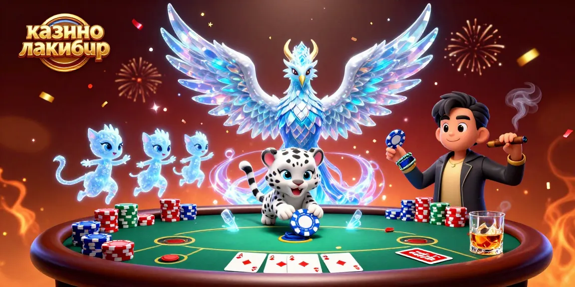 Play casino games at казино лакибир with a mesmerizing 3D scene featuring an ice phoenix and poker elements.