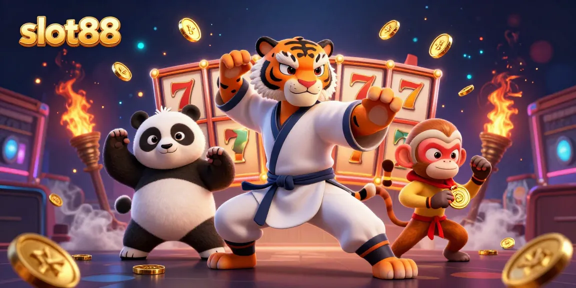 Engaging scene of slot88 characters celebrating wins amidst dynamic casino elements and golden coins.