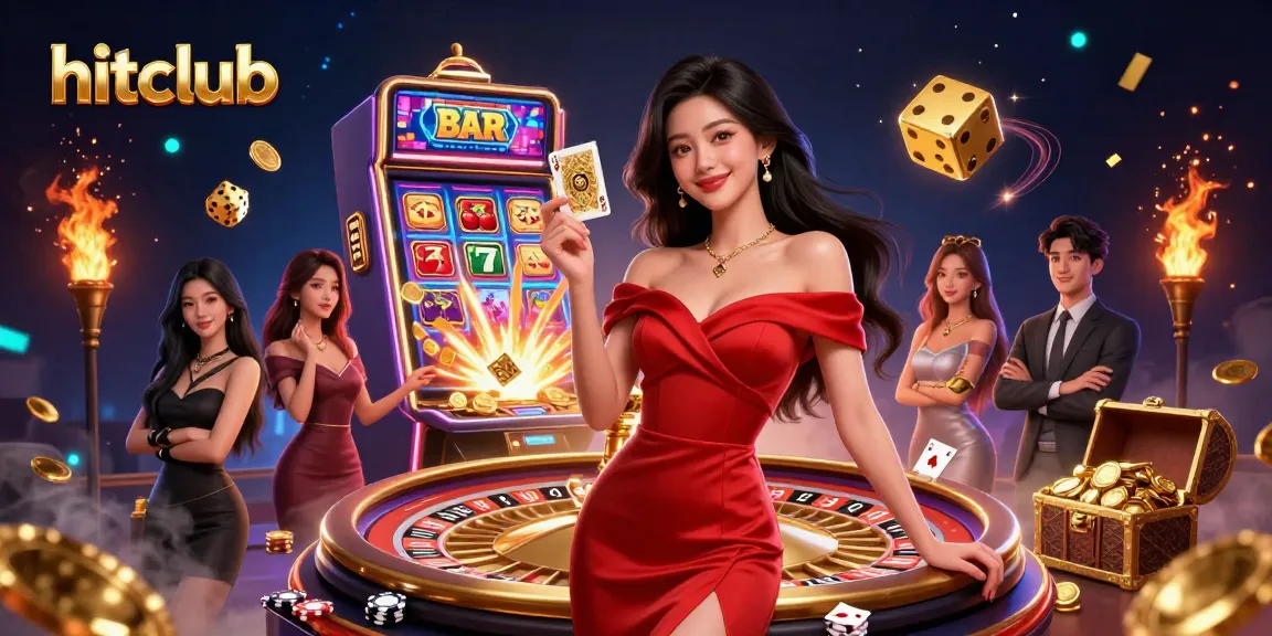 hitclub showcases a stunning woman in a red gown amidst a vibrant casino scene with gold and colorful elements.