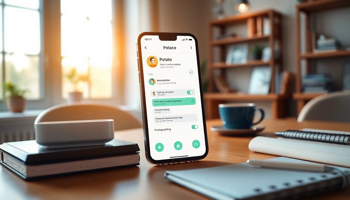 Potato下载 app interface displayed on a smartphone screen representing privacy features in a modern workspace.
