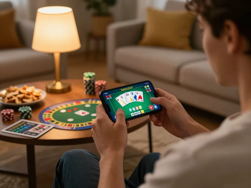 Engaging in online gambling on ufabet smartphone while relaxing at home.