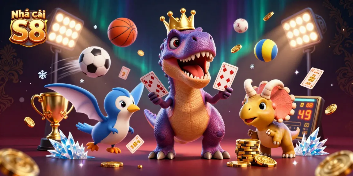 Engaged in a thrilling game, the friendly T-Rex and pterodactyl bring fun to Nhà cái S8 as they shuffle cards and stack chips.