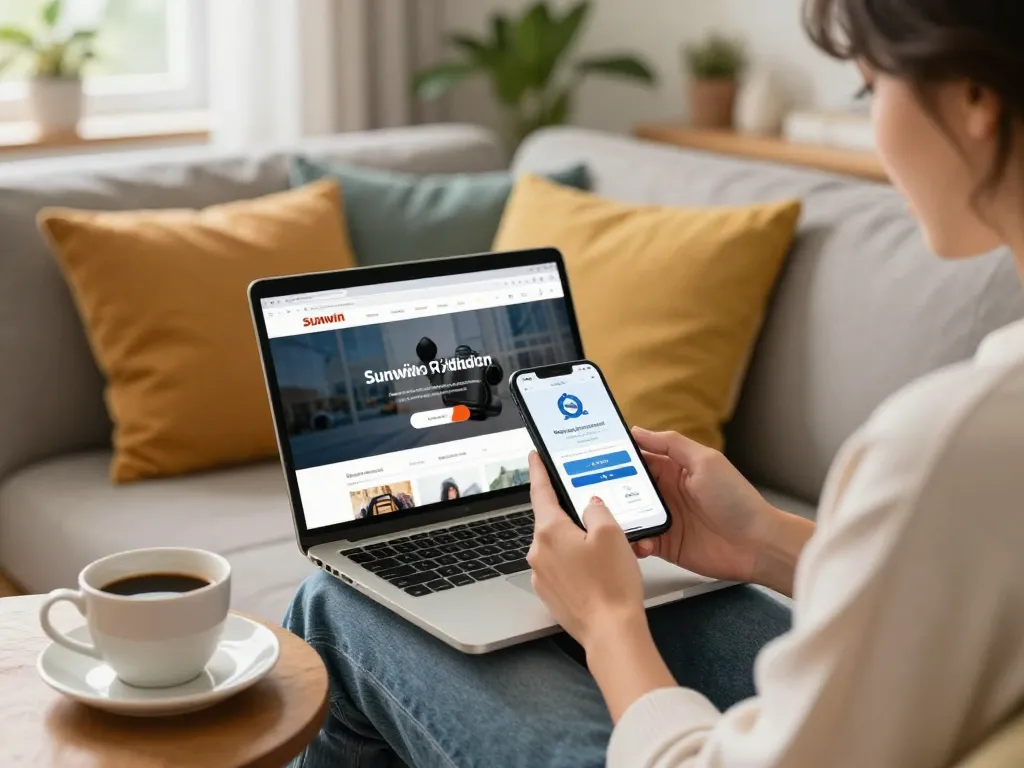 Tải Sunwin mobile app download in a cozy living room setting with smartphone and laptop.