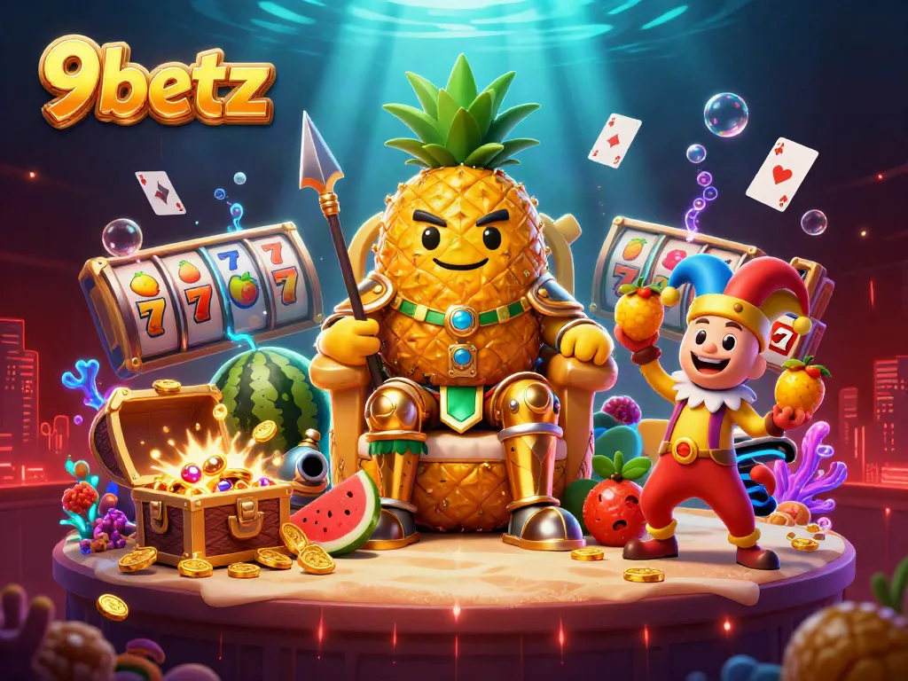 A vibrant scene of the 9betz casino with a pineapple king, coconut bodyguards, and a jester amidst gold coins and slot symbols.
