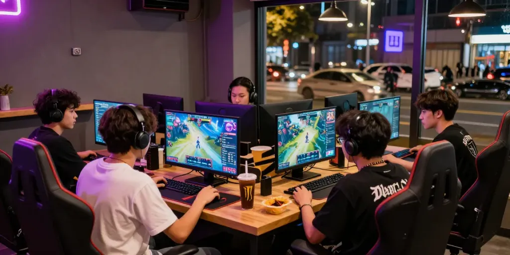rokok88 gaming tournament with friends in a vibrant café setting