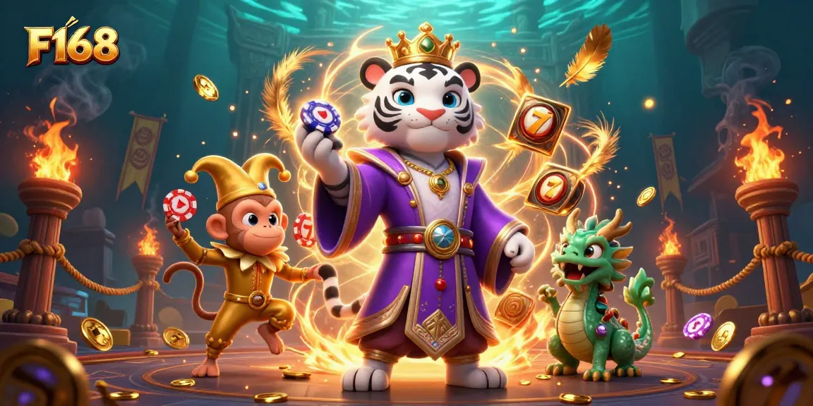 Experience exciting wins with F168 at this vibrant casino scene featuring a tiger, monkey, and dragon.