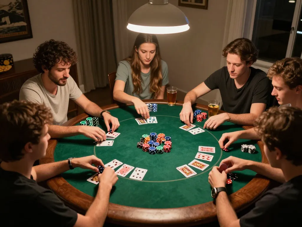Friends enjoy an engaging poker game at home, showcasing strategic gameplay and fun atmosphere at F8BET.