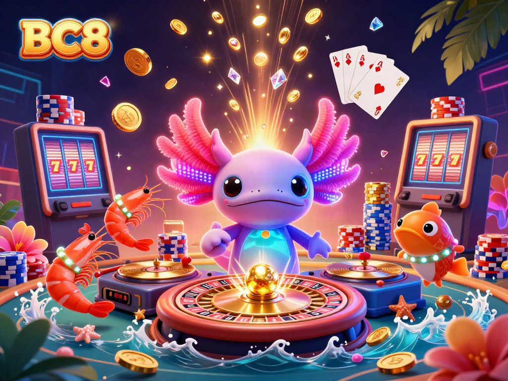 Experience the excitement of BC8 with a dynamic underwater casino scene featuring an axolotl DJ and vibrant gambling elements.