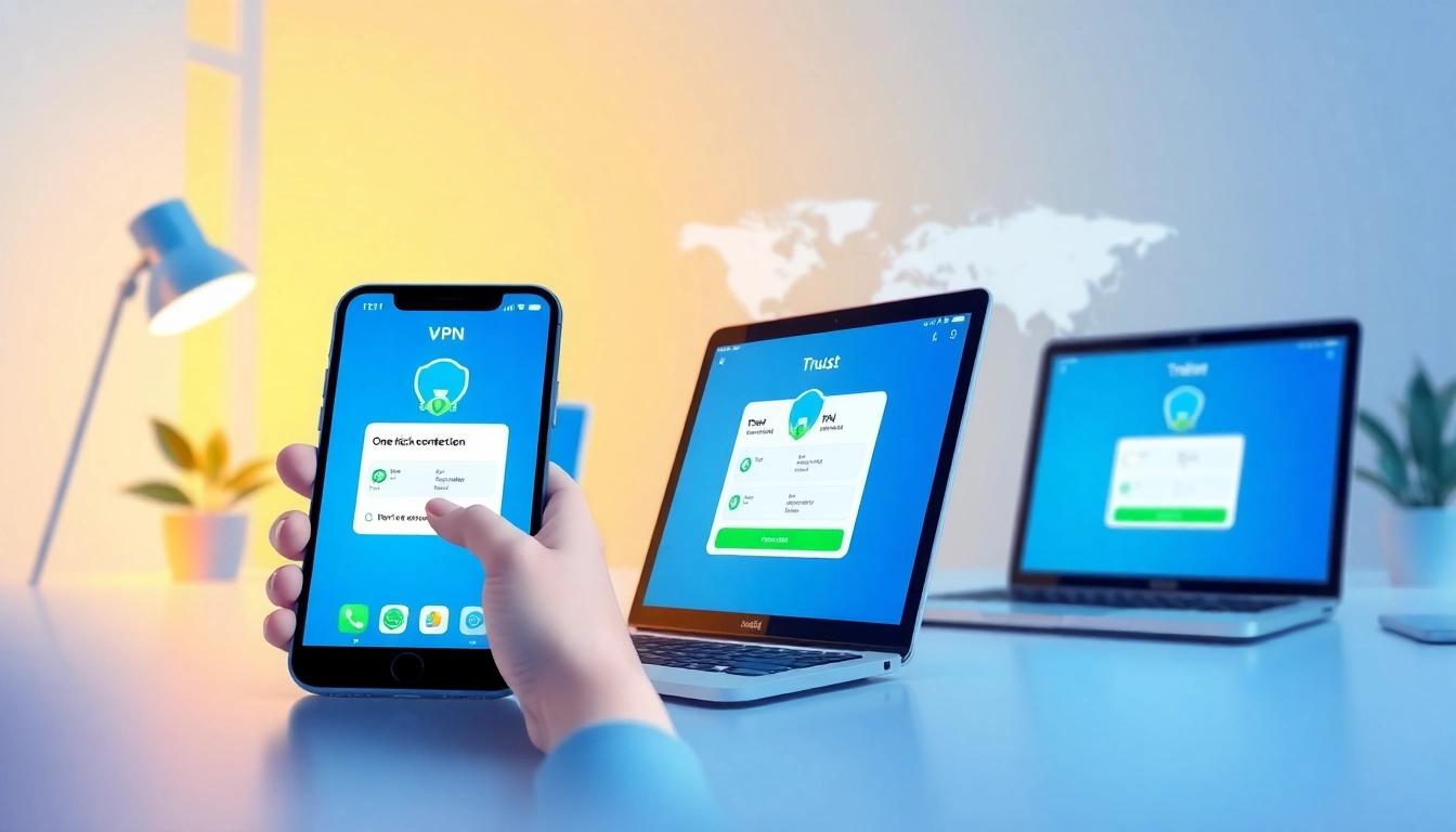 快连官网 showcasing a vibrant workspace with the 快连 VPN app on various devices, emphasizing global connectivity.