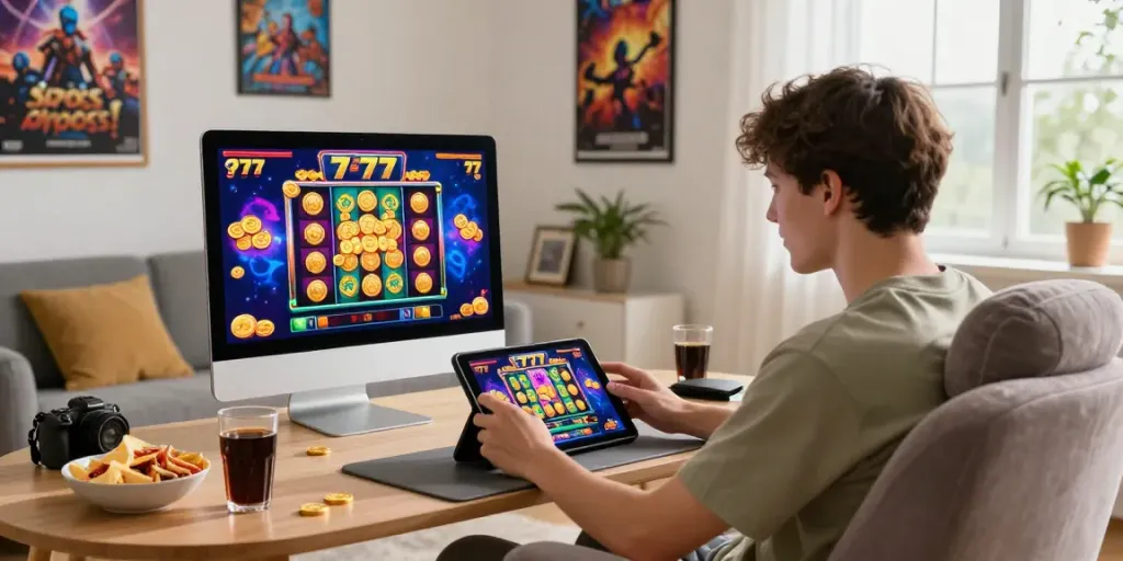 Player enjoying a slot777 game experience at home with vibrant graphics and cozy atmosphere.