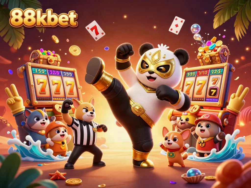 Engage with thrilling moments at 88kbet, where a panda wrestler kicks while a chihuahua referee counts, amidst vibrant casino elements.