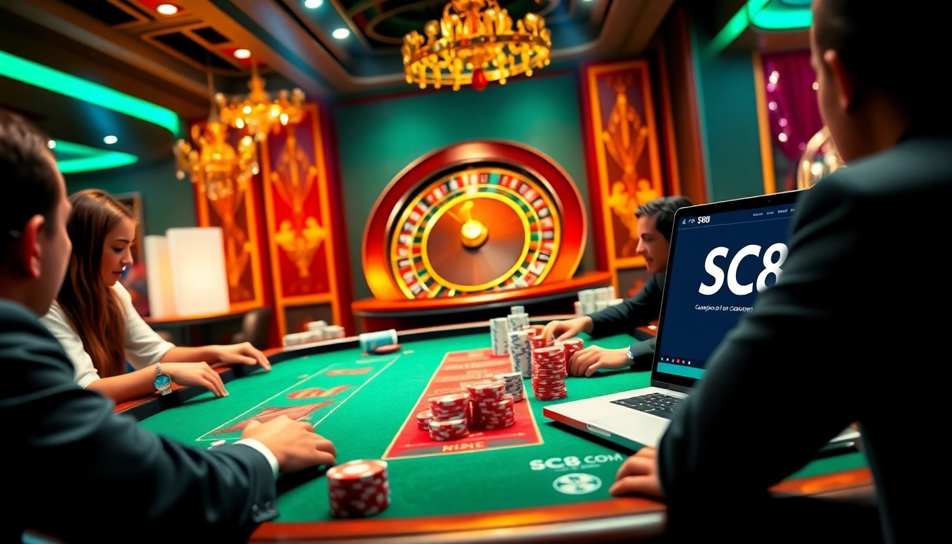 Experience thrilling gameplay at SC88 COM, where luxurious casino elements like poker chips and a roulette wheel enhance the excitement.