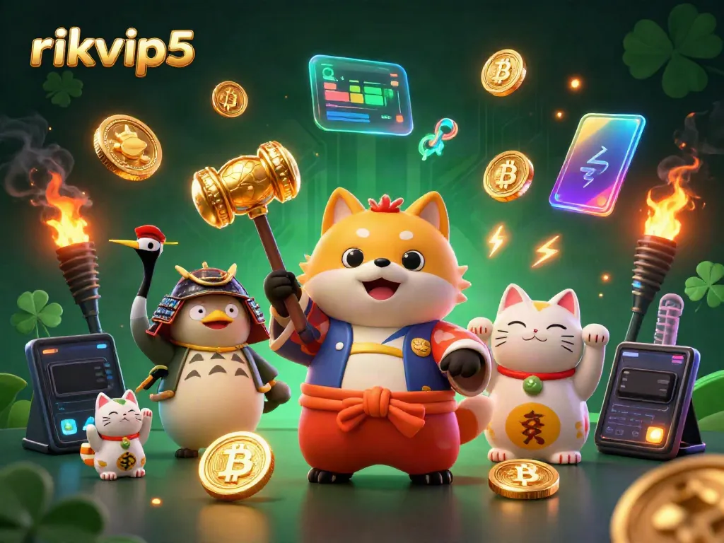 Engage with dynamic rikvip5 online casino gaming scene featuring lucky tanuki, coins, and vibrant elements.