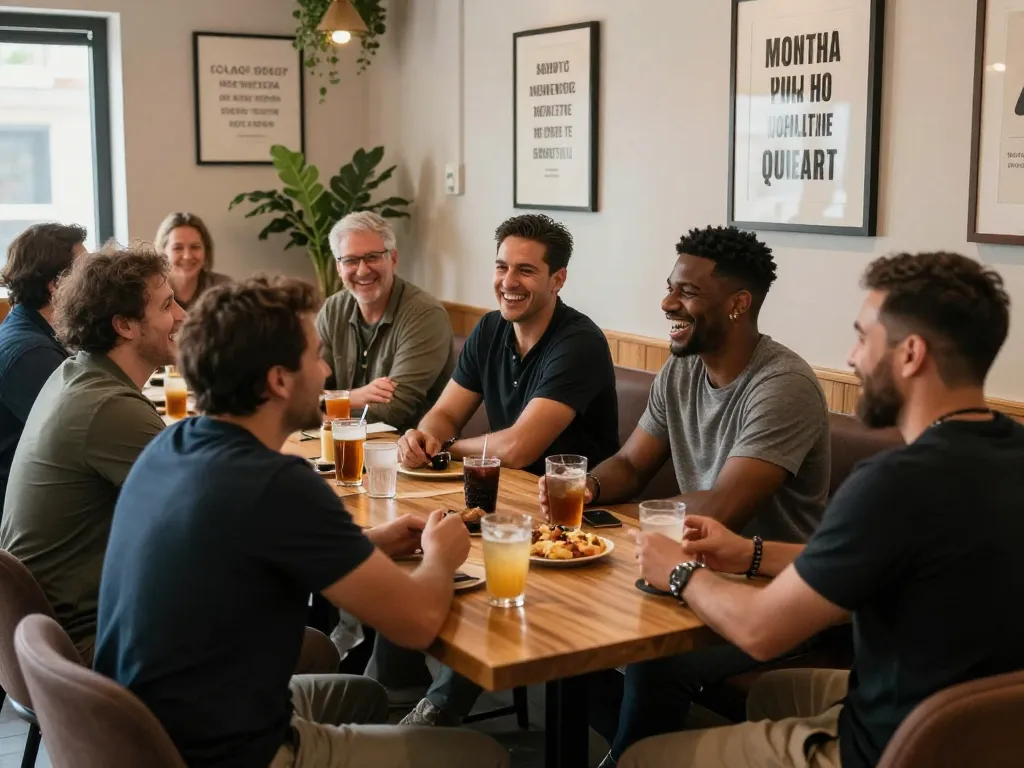 Men gathering at a man club enjoying conversations and camaraderie in a welcoming atmosphere