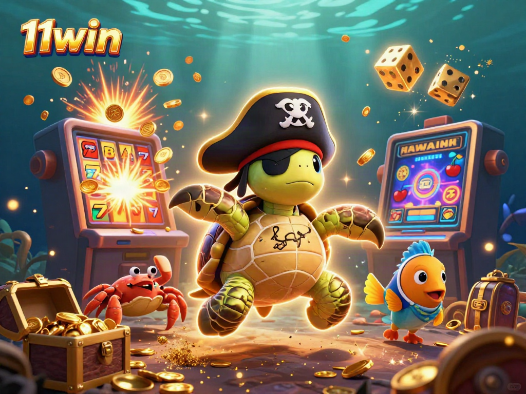 Join the fun at 11win with an exciting illustration of a pirate turtle and friends celebrating jackpots!