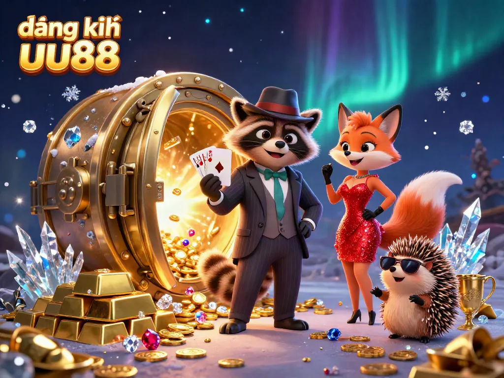 Engage in the ultimate fun at đăng ký uu88 with a whimsical raccoon, a fox lady, and a playful hedgehog in a vibrant casino atmosphere.