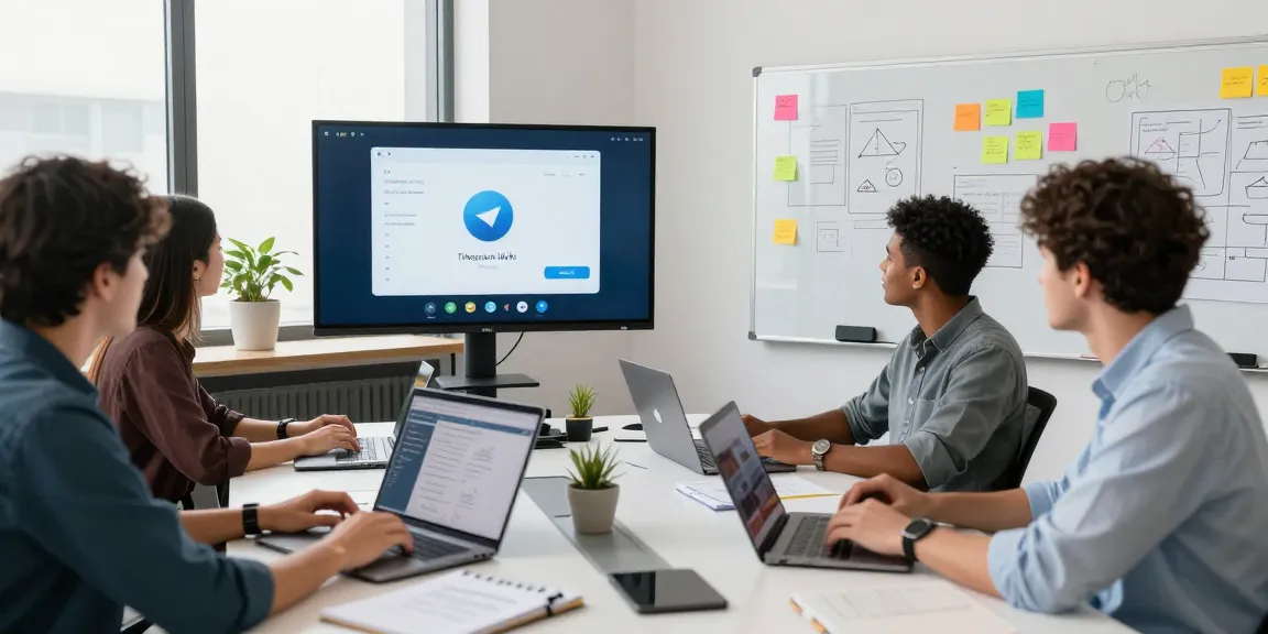 Team collaborating on Telegram Web Version features in a modern workspace with bright atmosphere.