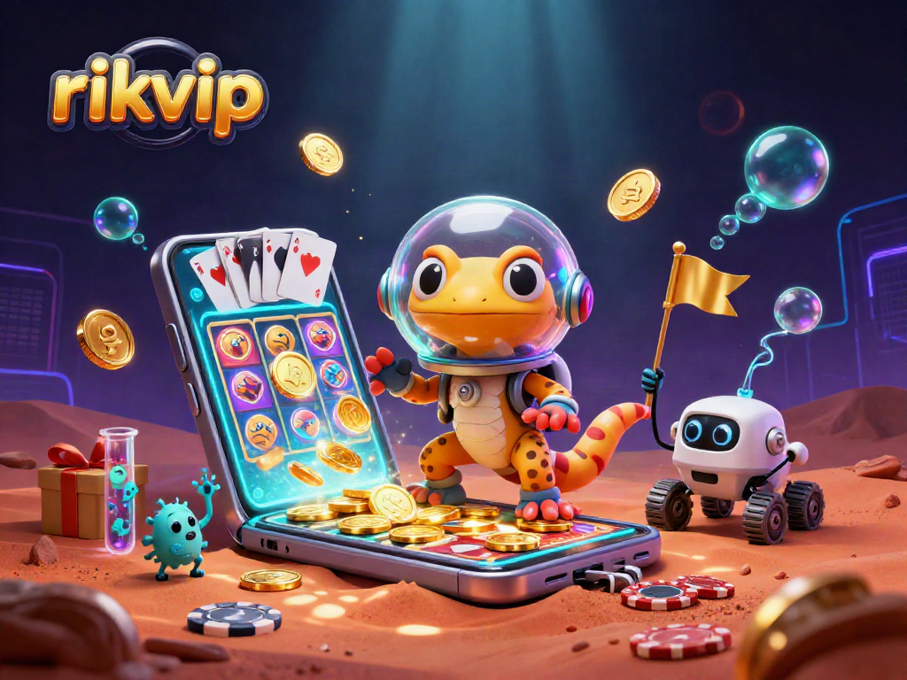 Win big at rikvip with a joyful Martian gecko in a golden casino, celebrating exciting slot games!
