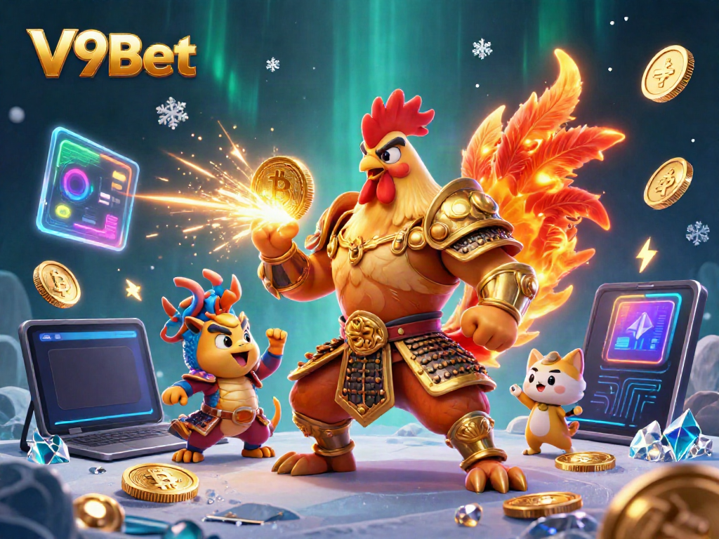 Experience thrilling gaming adventures with V9Bet in this vibrant casino-themed illustration featuring dynamic characters and elements.