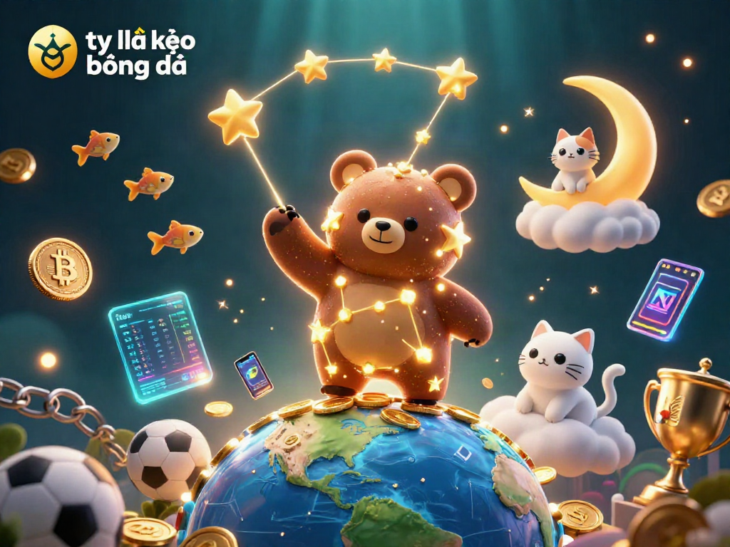 Engage in tỷ lệ kèo bóng đá with a vibrant 3D illustration depicting a cosmic bear and sports elements.
