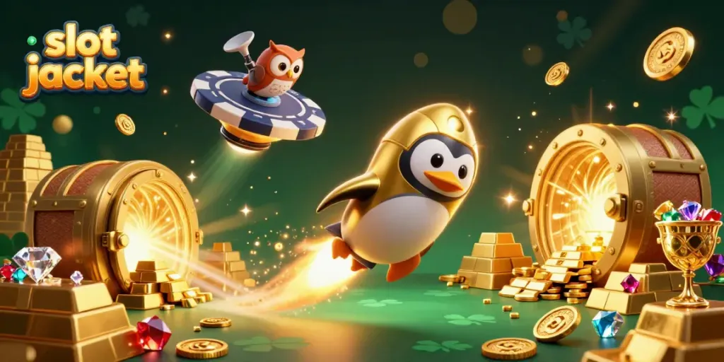 Experience the thrill of slot jackpot victories with this vibrant 3D illustration of a rocket-powered penguin, a casino space station, and overflowing treasures.