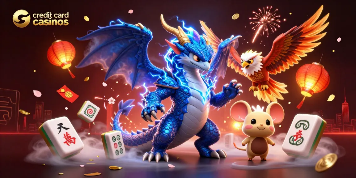 Experience the excitement of credit card casinos with vibrant dragons and dynamic game elements lighting up the scene.