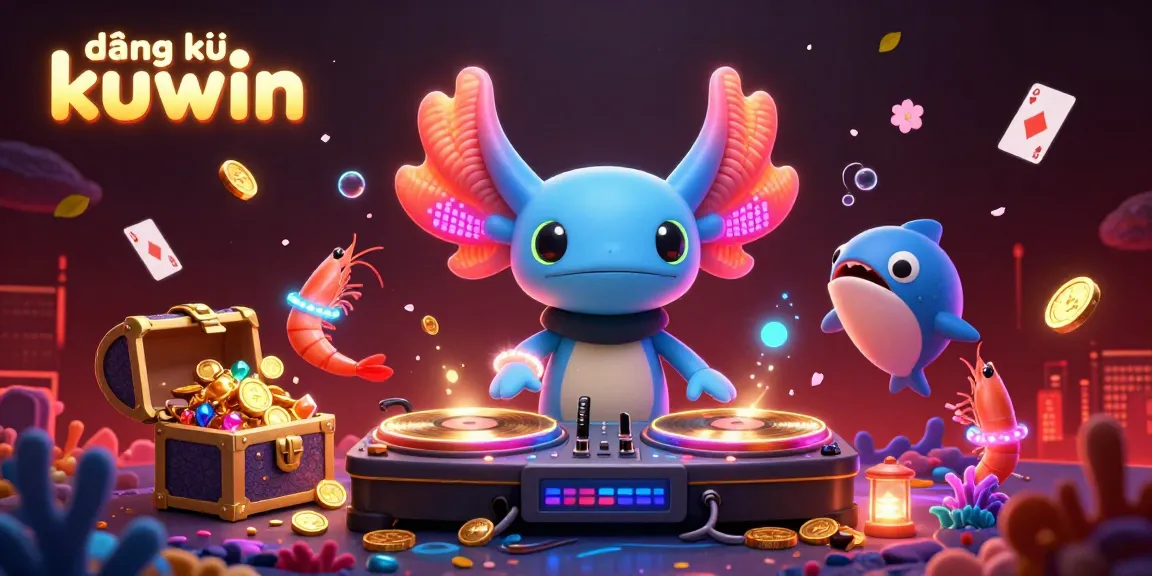 Engage with đăng ký kuwin through a vibrant underwater casino scene, featuring a colorful axolotl DJ and glowing treasures.